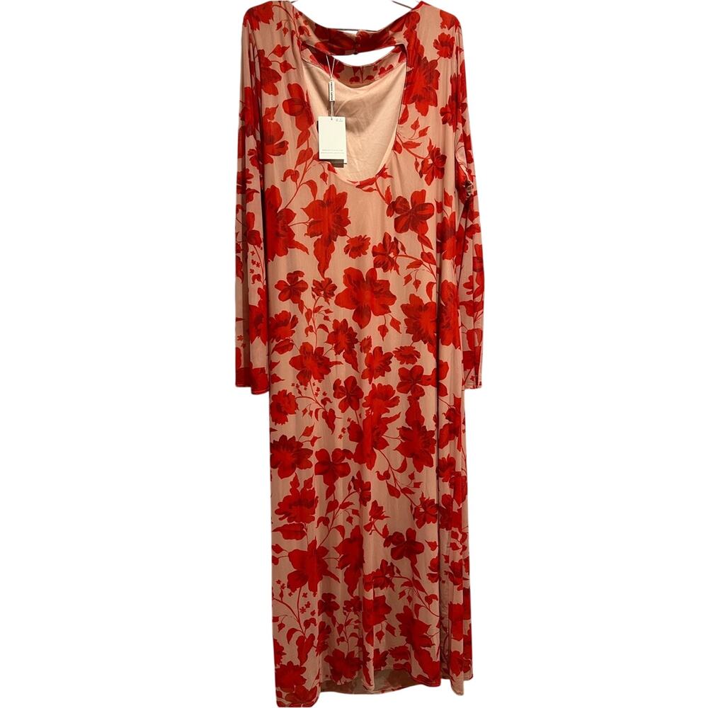 Pretty Lavish Floral Mesh Maxi Dress Size 20 Pink Red Ruched Long Sleeve NWT - Picture 2 of 9